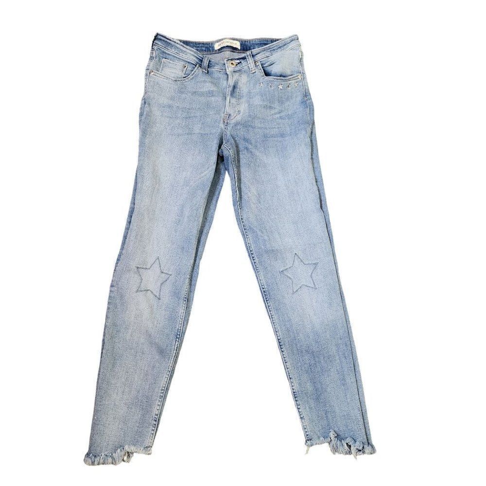 H&M Coachella Jeans Womens Size Size 6 Blue Stars Raw Hem Light Wash